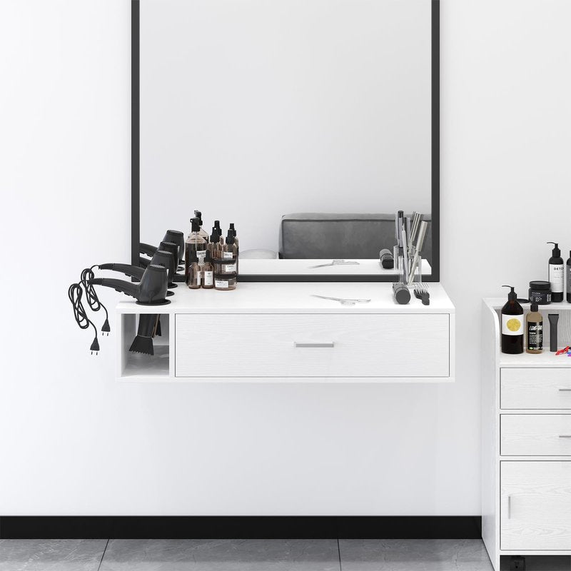 4ever2buy Wall Mount Salon Station, 36" White Barber Station Organizer with Drawer and Shelves, Hair Salon Station with 3 Dryer Holders, Salon Station Wall Mount for Hair Stylist