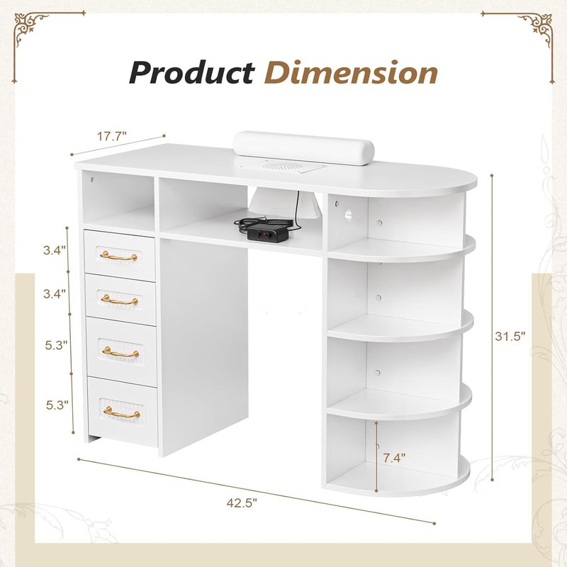 OmySalon Nail Desk - Professional Rattan Manicure Table with Electric Dust Collector & Storage Drawers (White)