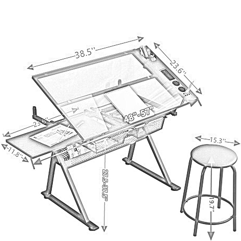 MegaChoice Drafting Table w/Stool, Height Adjustable Multifunctional Art Craft Artists Desk, Tilting Glass Tabletop Diamond Paintings Work Station w/2 Storage Drawers & for Tray Home Office
