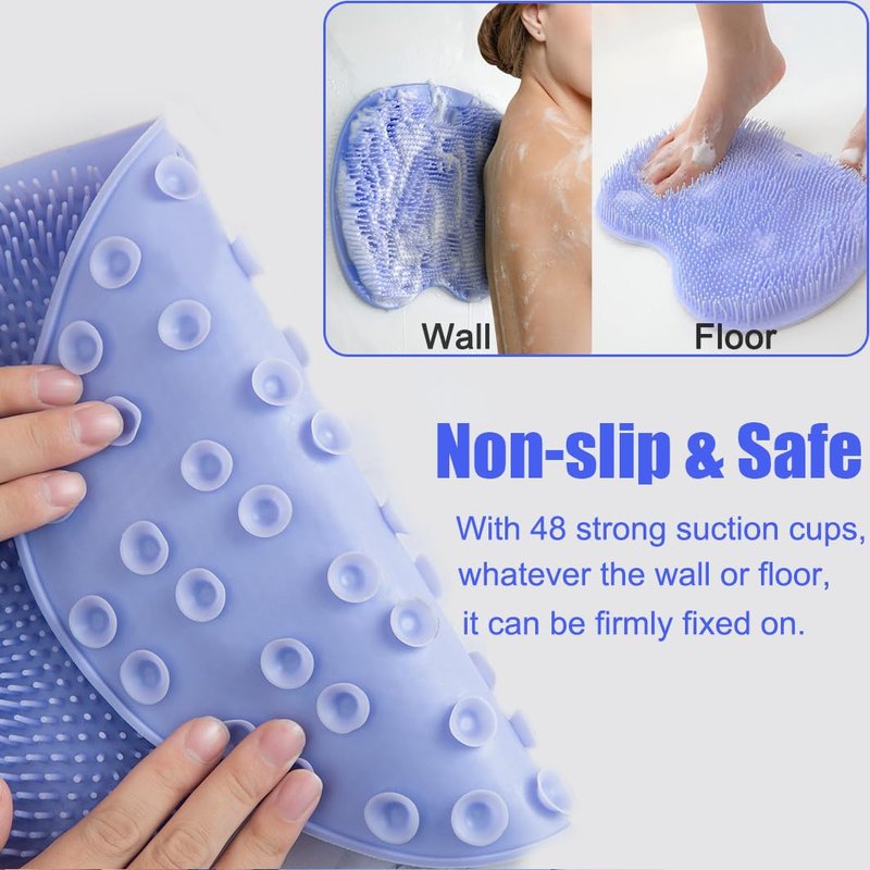 2 PCS Shower Foot & Back Scrubber Mat Hands Free Foot Massager Mat with Non-Slip Suction Cups, Wall Mounted Silicone Bathroom Wash Foot Pad Exfoliating Dead Skin Foot Brush (Grey & Purple)