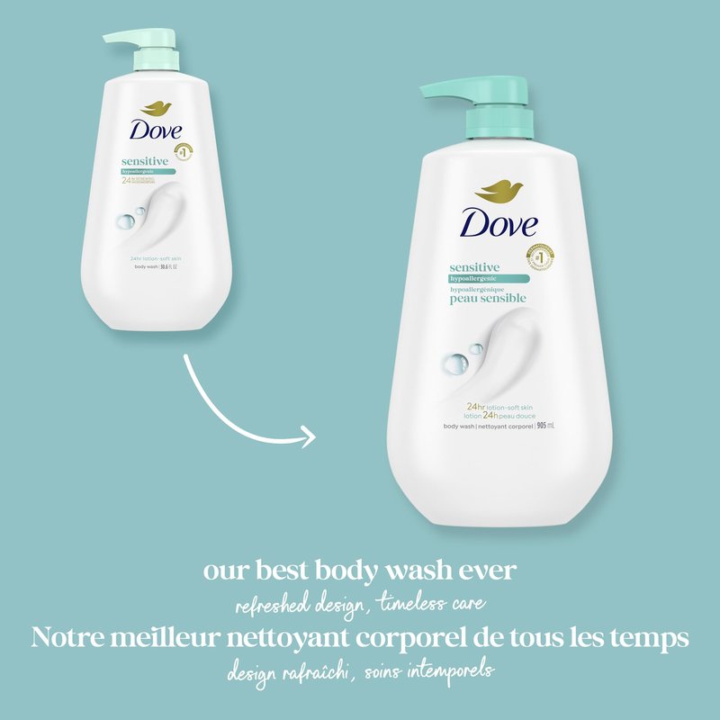 Dove, Body Wash for Softer and Smoother Effectively Washes Away Bacteria While Nourishing Your, Sensitive Skin, 34 Fl Oz (Pack of 3)