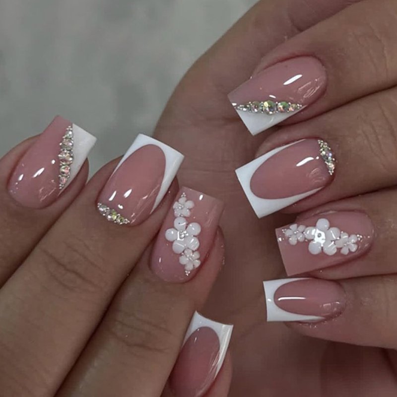 24Pcs French Tip Press on Nails Short Square Pink Fake Nails with Flower Rhinestones Gems Designs Irregular French False Nails Press ons Acrylic Full Cover Glue on Nail for Women Manicure