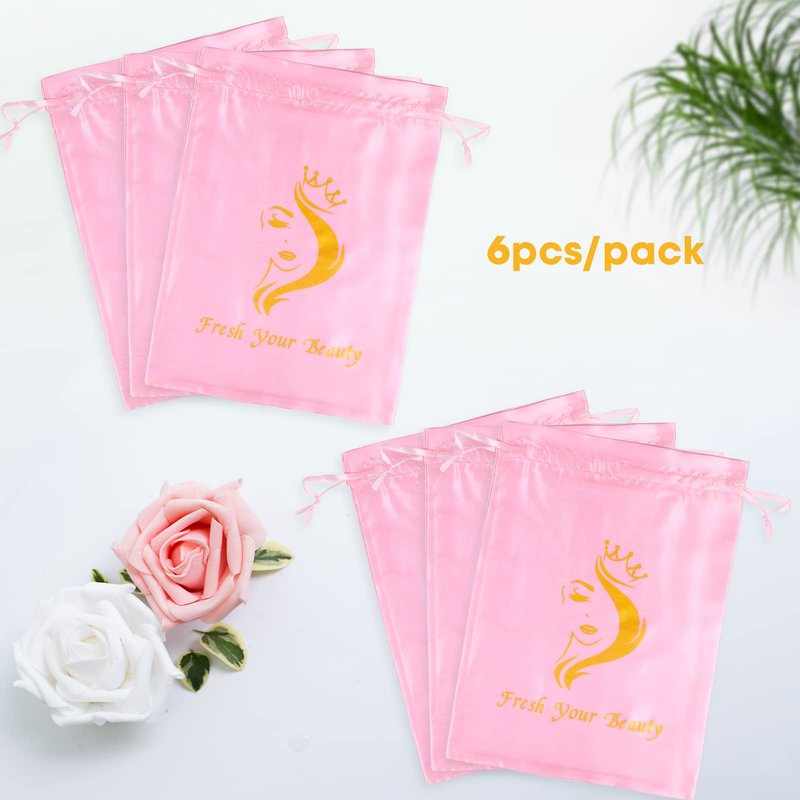 AIHOPESTO 6PCS Satin Storage Pouches for Multiple Hair Pieces - Silk Drawstring Organizers for Bundles, Extensions & Packaging (Pink)