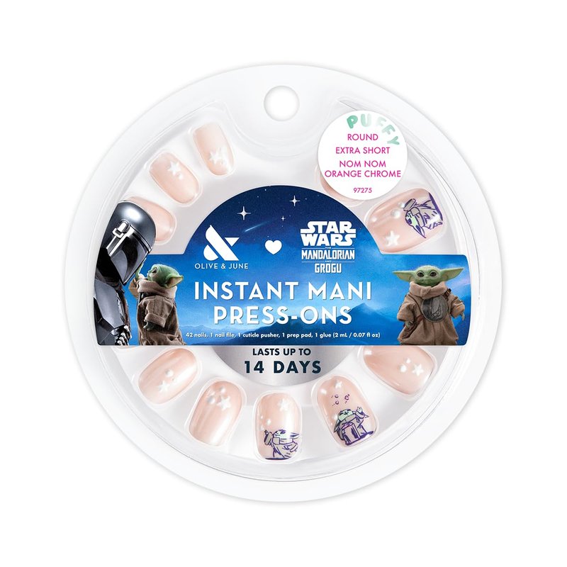 Olive & June Press-On Nails | Star Wars: The Mandalorian & Grogu | 42 Non-Toxic Nails in 21 Sizes | Extra Short Round Nom Nom Orange Chrome, Lasts Up to 14 Days