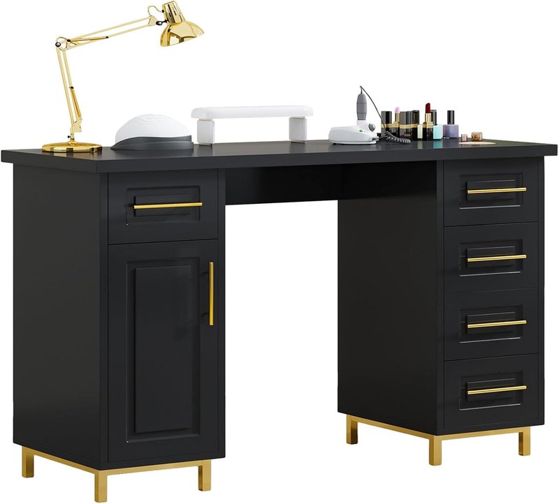 Black and Gold Nail Tech Desk - 43 Inch Manicure Table with 5 Drawers & Storage for Beauty Salons | Wooden Salon Spa Furniture