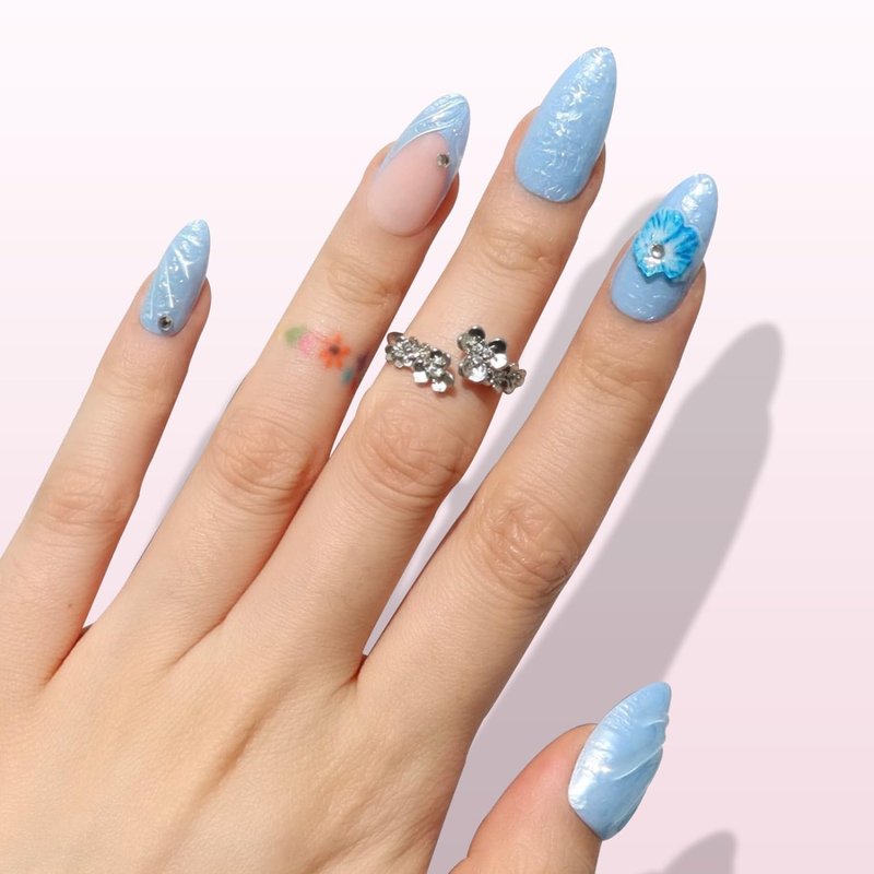 Nail Reformation Press On Nails, Blue Agate | Summer Medium Almond Fake Nails with French Tip & 3D Flowers & Gems in Glossy Finish, Reusable Stick On Nails in 15 Sizes - 30 Nail Kit, Gifts for Women