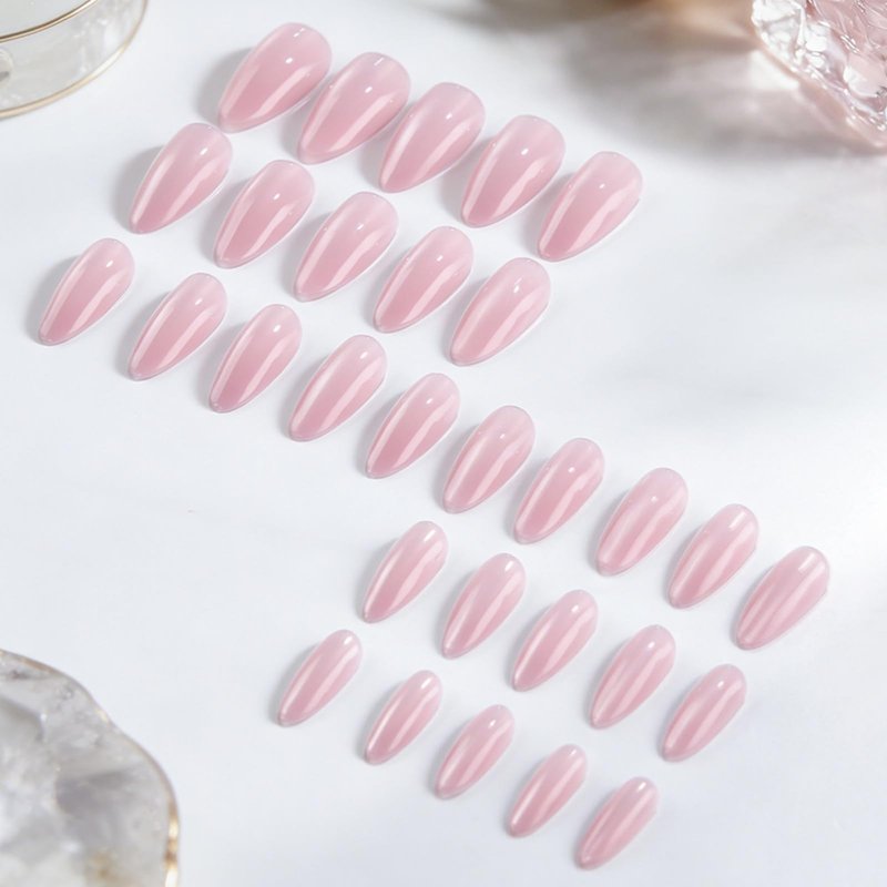 30Pcs Pink Press on Nails Glitter Fake Nails Medium Almond False Nail Reusable Glossy Full Cover Stick on Nail for Women Manicure