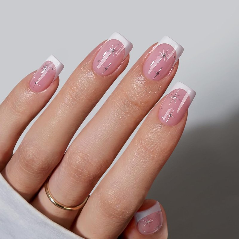 French Tip Press On Nails - Pink Short Soft Gel Nails with Stars | 32 Stick-On Nails in 16 Sizes