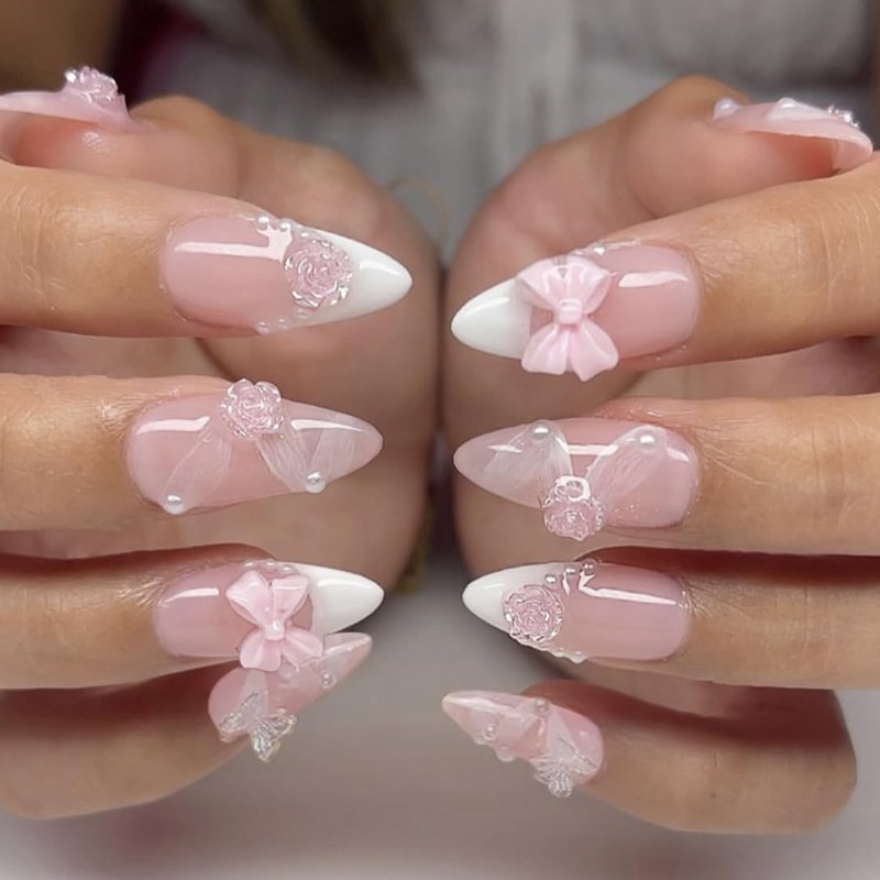 24 Pcs Pink Press on Nails Short Almond White French Fake Nails with 3D Pearl Bow Butterfly Flowers Design Nude False Nails Full Cover Acrylic Nail Art Tips Cute Glue on Nails for Women Manicure