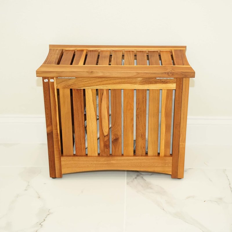 DecoTeak Solid Hamper in Natural Teak, Solid Bench in Natural Teak, 23 inch W x 12.5 inch D x 18.5 inch H