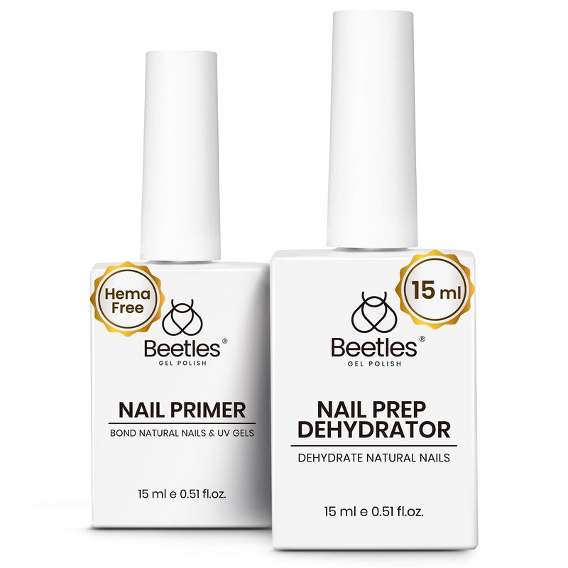 Beetles 2Pcs 15ml Base and Top Coat Set - Upgrade No Wipe Extra Glossy Gel Top Coat Finish & 15ml Nail Dehydrator and Primer - Acid Free & Hema-Free Natural Prep Dehydrate and Bond Primer