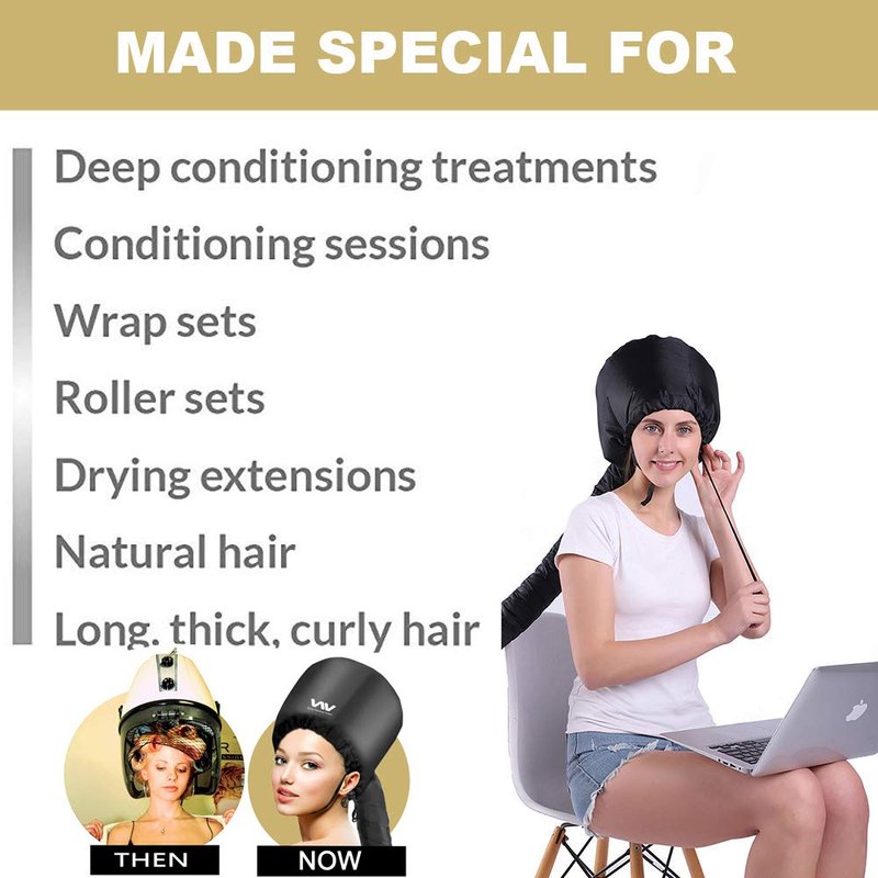Bonnet Hood Hair Dryer Attachment Set - Soft Adjustable Hooded Bonnet for Hand Held Hair Dryer - Including Head Band for Drying Styling Curling Deep Conditioning