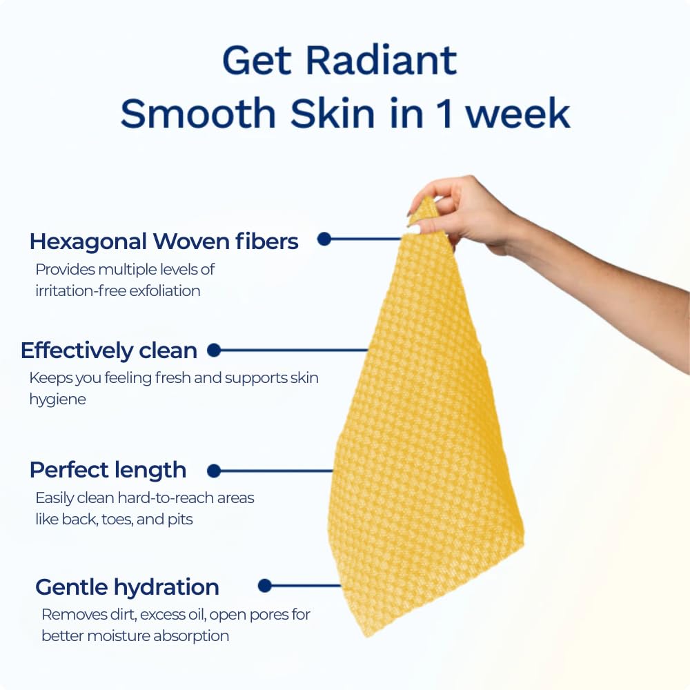 Exfoliating Washcloth Face & Body Scrub Towel - Japanese Exfoliating Towel with Hexagon Fibers, Body Scrubber with 2 Sides for Scrubbing & Washing, Extra Long Towels (Blue, 2 Pack)