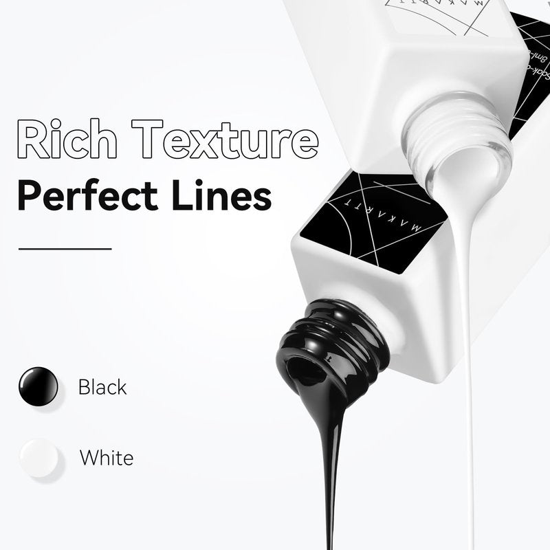 Makartt Gel Nail Polish Liner Set 8ML 2 Colors White and Black for French Nail Art French Tips Swirls DIY Manicure Soak Off UV Curing with Thin Brush