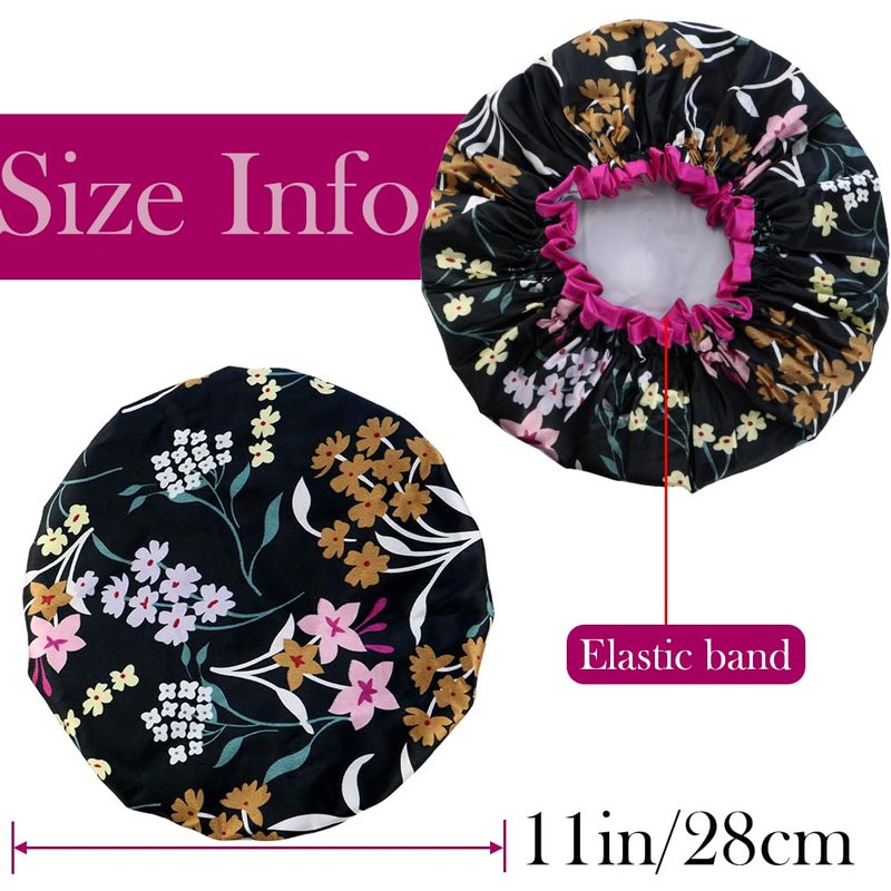 4 Pcs Reusable Waterproof Shower Hat with PEVA Lining Double Layers Elastic Satin Large Shower Caps Washable Shower Hats for Girls Women Long Hair All Hair Lengths