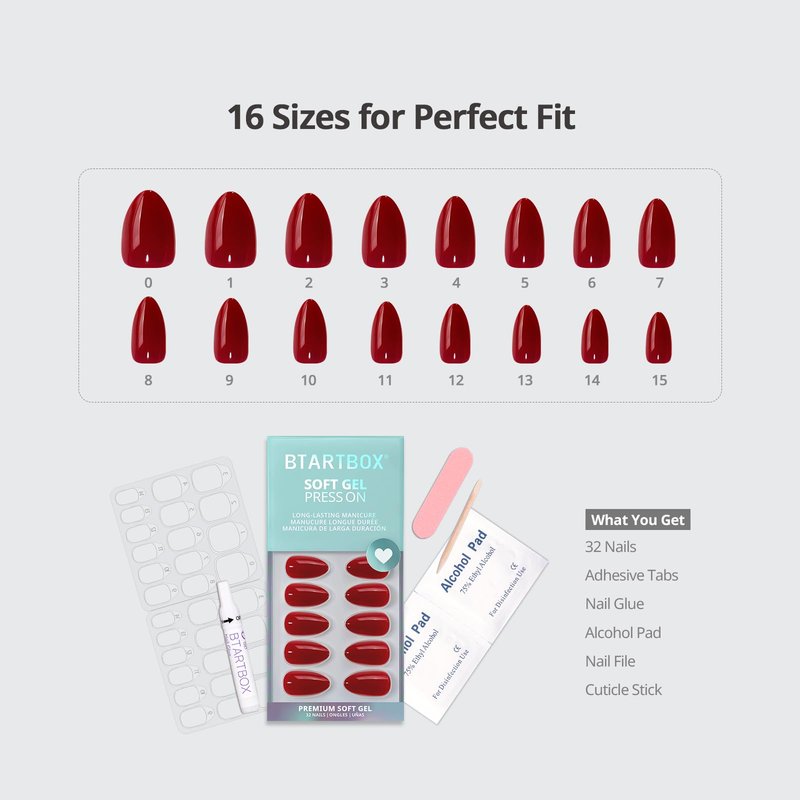 BTArtbox Press On Nails Almond - Pastel Red Short Press On Nails with Glue for Women, Opaque Soft Gel Glue On Nails in 16 Sizes - 32 Stick On Nails Kit, Power Suit