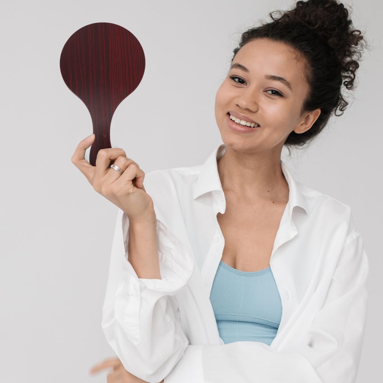 Wooden Handle Handheld Makeup Mirror - Lightweight Round Cosmetic Mirror for Travel & Home Use