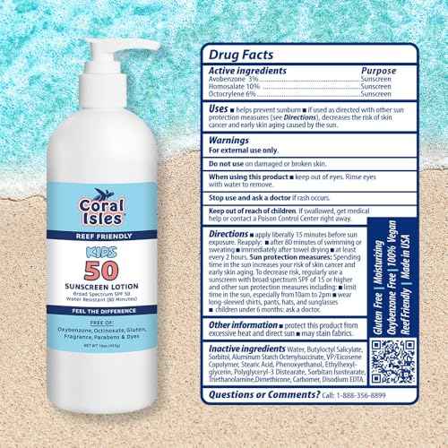 Coral Isles by Rocky Mountain Sunscreen | SPF 50 KIDS Lotion | Broad Spectrum UVA/UVB Protection | Hawaii Reef-Safe Act Compliant | Oxybenzone & Octinoxate Free | Water Resistant 80 Min. | 16 Fl Oz