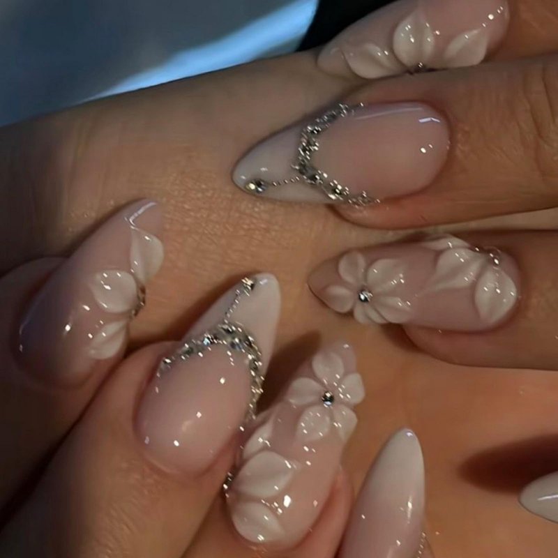 Almond Press on Nails Medium MABKJLF French Tip Fake Nails Ombre Handmade False Nails with 3D Floral Rhinestones Designs White Glossy Glue on Nail Elegant Acrylic Nails for Women Girls 24Pcs