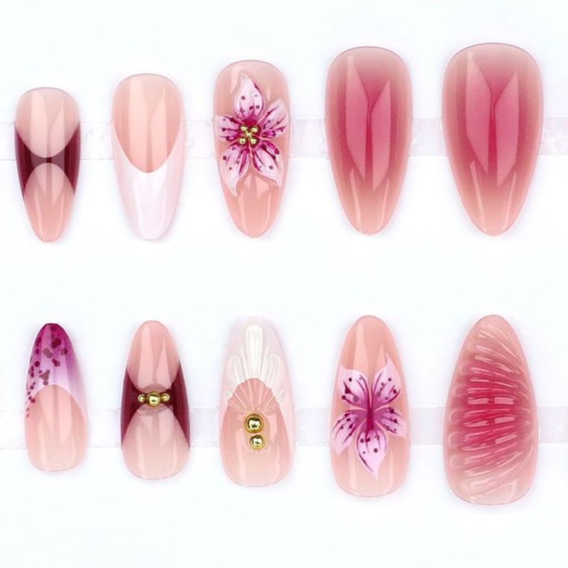 Almond Press-On Nails - Medium White French Tip with 3D Purple Flowers | Full Cover Acrylic Nail Art Kit - 24 Pcs