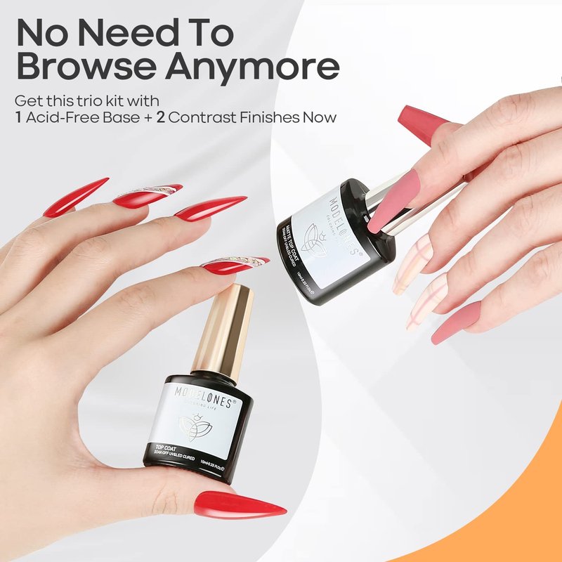 modelones Gel Base Top Coat Set 3 Pcs, Glossy and Chrome Proof Matte Top Coat No Wipe Shiny Clear Gel Polish Long Lasting High Gloss & Velvet Matte DIY Home Soak Off Manicure Gift for Women