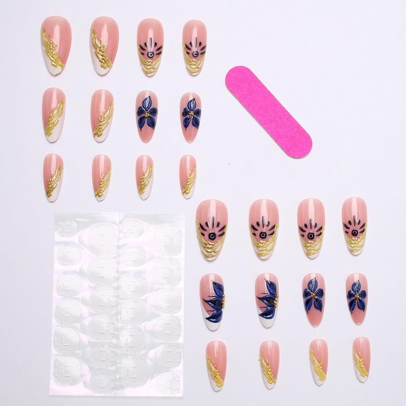 Blue Floral Press-On Nails - Almond Shape Chrome Gold French Tip | 24 Pcs Full Cover Acrylic for Weddings & Daily DIY Nail Art
