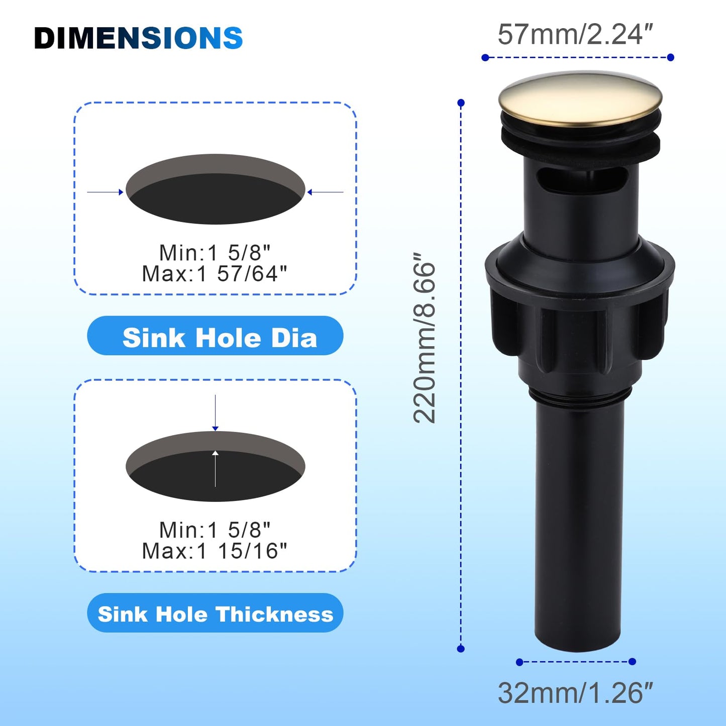 Brushed Gold Bathroom Pop-Up Push-Type Sink Drain Assembly - Vessel Vanity Sink Stopper with Overflow & Strainer, for Faucets