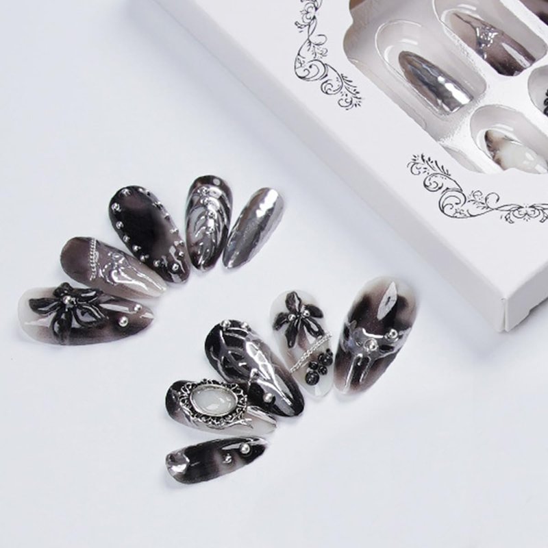 24Pcs Goth Press on Nails Medium Almond Fake Nails Silver Chrome Baroque Gothic Design Dark Black Full Cover Glue on Nails Y2k False Nails Reusable Black flower Press Ons Stick on Nails for Women