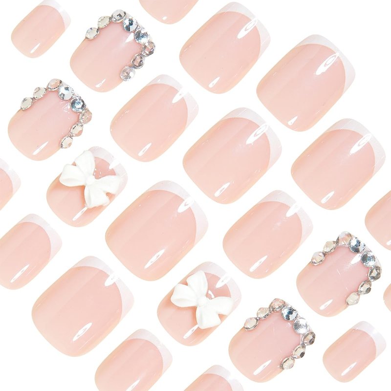Skiennix 24Pcs Short French Tip Press-On Nails - Glossy Pink with 3D White Bow & Rhinestones | Reusable Acrylic for Weddings & Daily Use