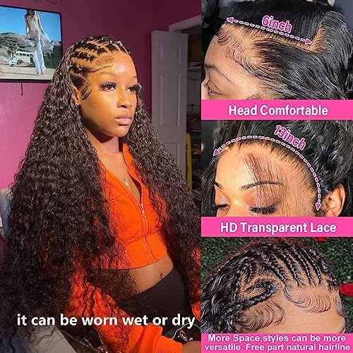 Deep Wave Lace Front Wigs 13x6 HD Transparent Lace Frontal Wig for Black Women 100% Real Curly Human Hair Wigs Pre Plucked with Baby Hair 180% Density (Black, 18 inch)