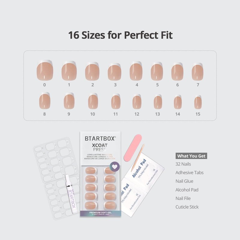 BTArtbox French Tip Press on Nails - Gel Press on Nails Short, No Fade Out Fake Nails with Nail Glue, Seamless Fit Glue on Nails in 16 Sizes Nail Kit for Wedding, Classic White