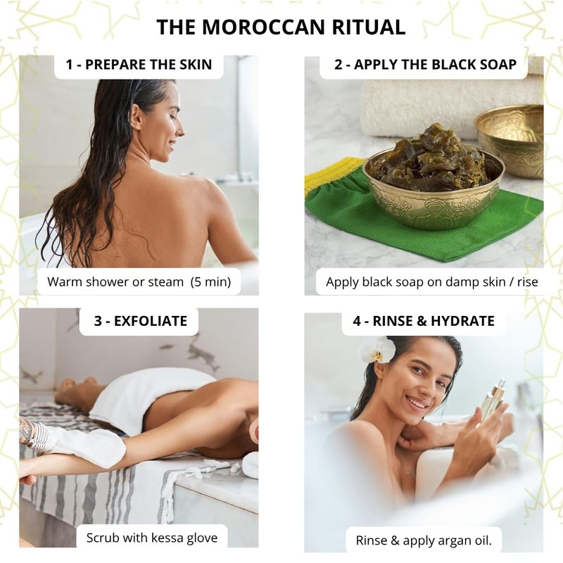 Moroccan Princess Moroccan Black Soap Set – Authentic Hammam Ritual Kit with Argan Oil & Kessa Exfoliating Glove – Exfoliating Body Scrub – Self Care & Gift Set – 200ml