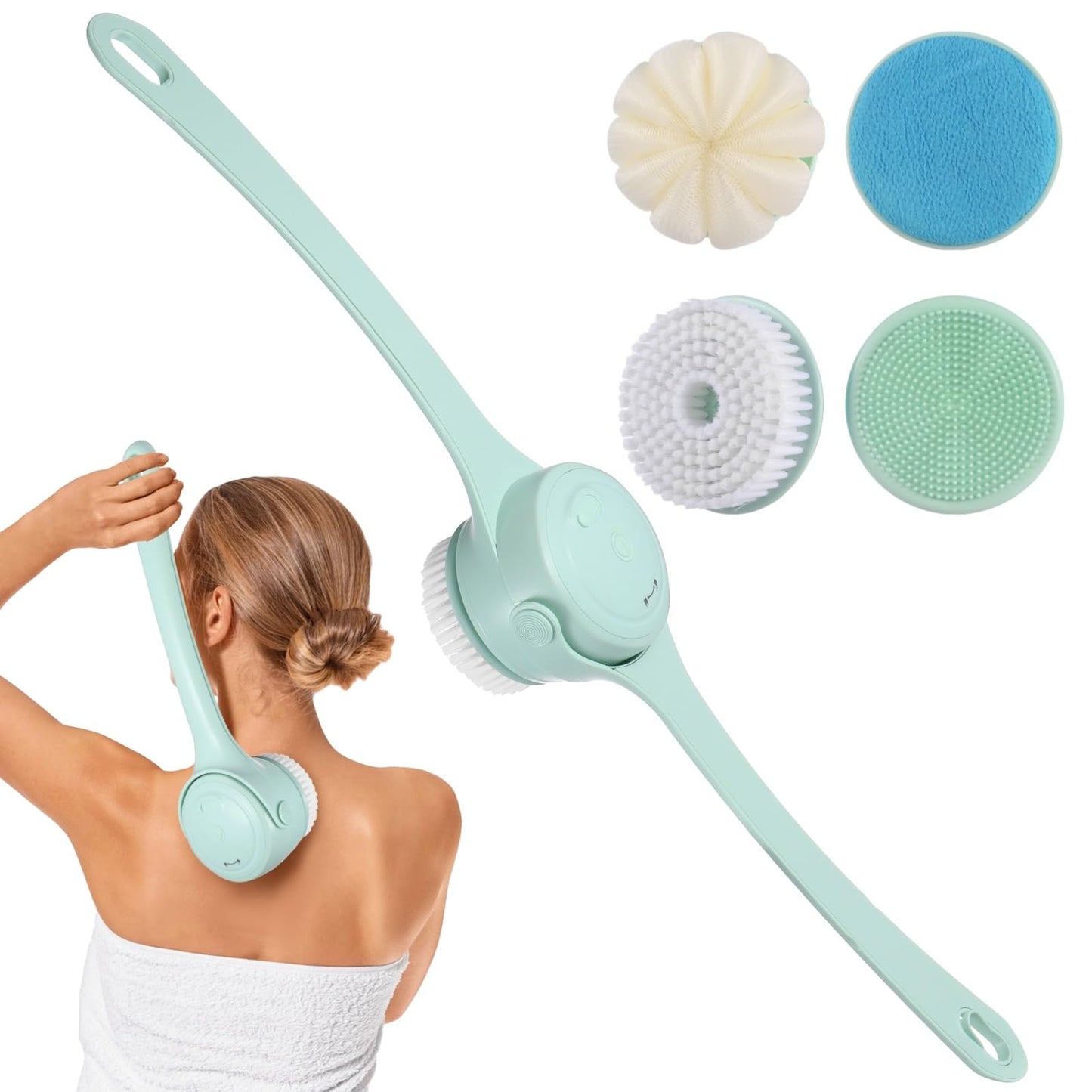 Electric Body Brush for Shower with 4 Replaceable Heads, 14.9 in Long Handle Back Scrubber, 2-Speed Adjustable Waterproof Power Body Scrubber, Rechargeable Bath Brush for Exfoliating and Cleaning