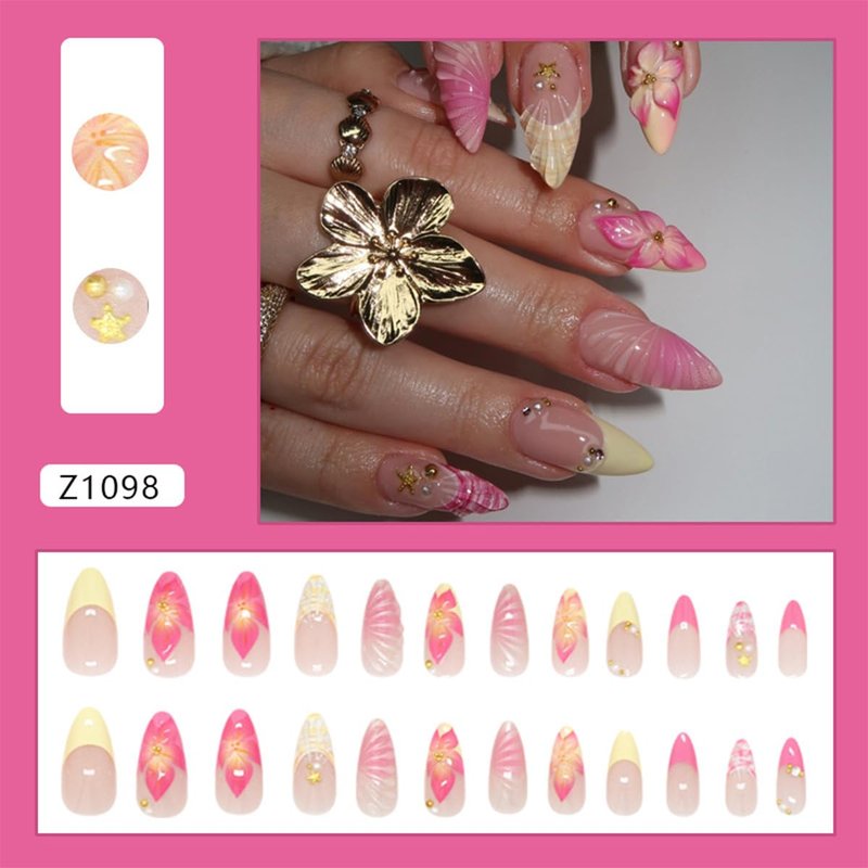 24Pcs Pink Flower Press on Nails Medium Almond Fake Nails with Gold Pearl Rhinestones Designs Cute Glue on Nails Yellow French Tip False Nails Summer Full Cover Artificial Stick on Nails for Women