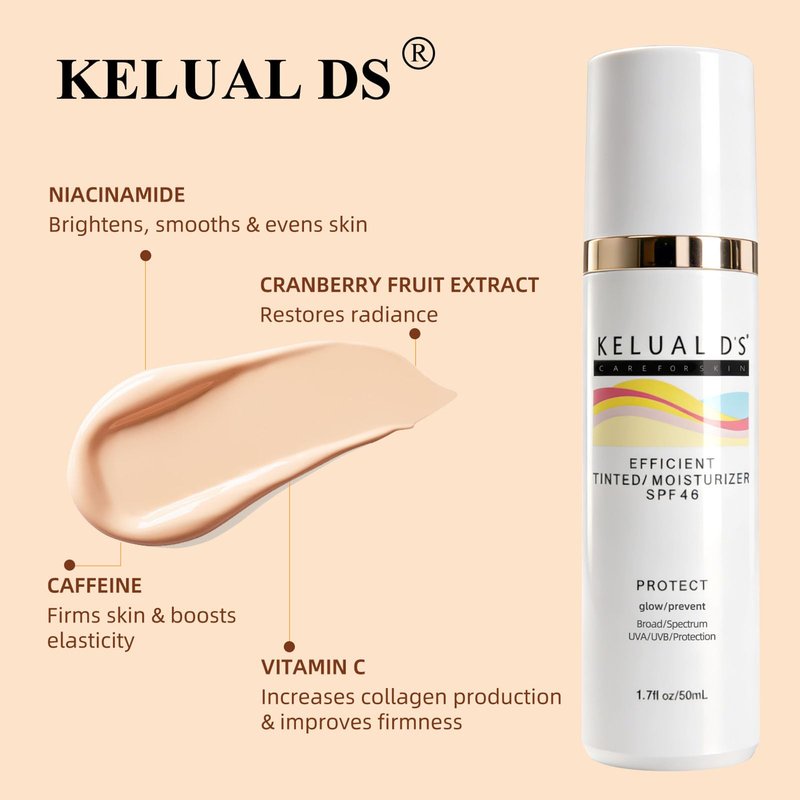 KELUAL DS Anti-Aging Tinted Face Moisturizer & Sheer Face Sunscreen SPF 46, Hydrating Skin Care & Sunscreen Moisturizer,1.7OZ/50ML
