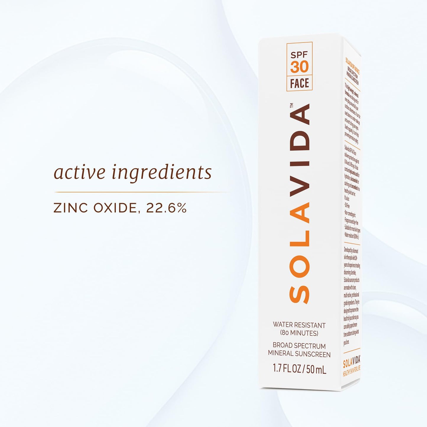 Solavida UVA/UVB Professional-grade Daily SPF 30 Mineral-based Face Sunscreen with Zinc Oxide, Hyaluronic Acid, Ceramides, Niacinamide. No artificial fragrances or dyes. 1.7 oz