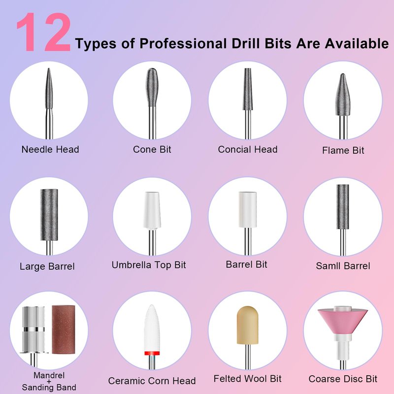 Professional Electric Nail Drill 40000RPM for Salon Home Use, Rechargeable Nail File Machine Kit with 12PCS Bits for Acrylic Gel Nails, Portable Efile Manicure Pedicure Tool (Pink Blue)
