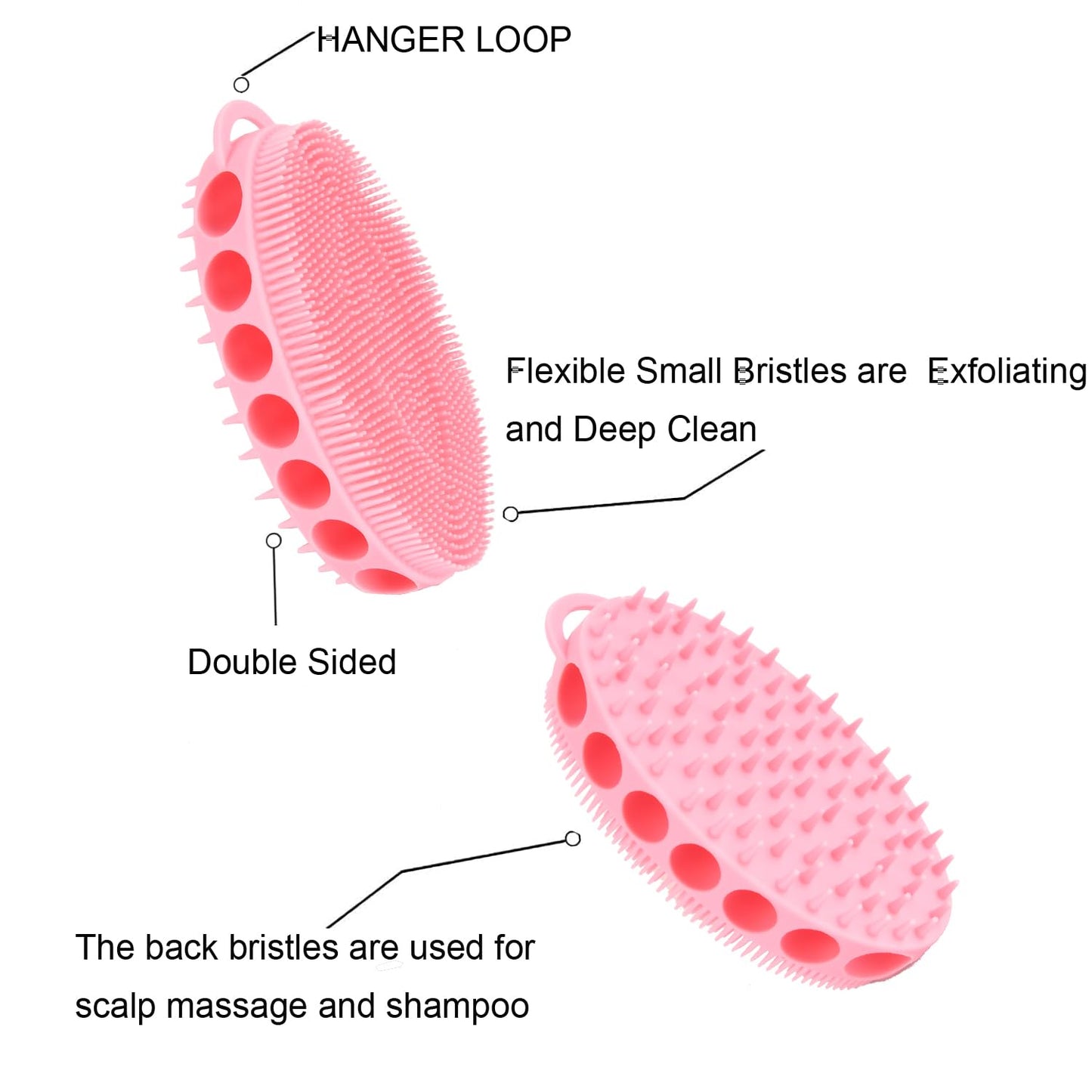Silicone Body Scrubber with Double-Sided Bristles, Deep Cleaning Massage Brush, Black, Flexible Design with Hanger Loop for Exfoliating and Scalp Care (Pink)