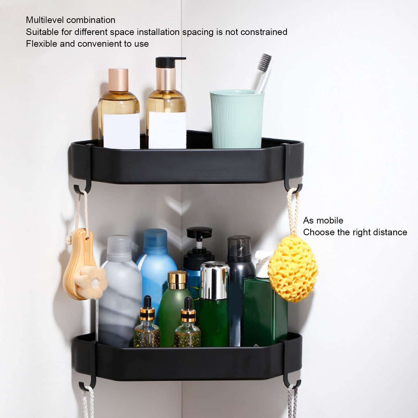 Topyond Shower Caddy, Aluminium Alloy Black Corner Shower Shelves, Durable Bathroom Organizer for Toilet Kitchen Dorm with 2 Hooks, Bath Decor