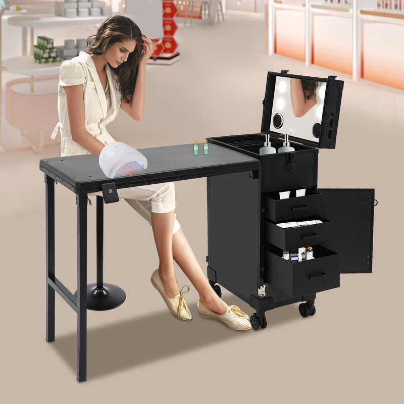 FuoiDuu Rolling Manicure Table with 3 Drawers, Portable Makeup Train Case with Foldable Desk, Lockable Nail Desk with Lightening HD Glass Mirror for Hairdressers, Beauticians (Black)