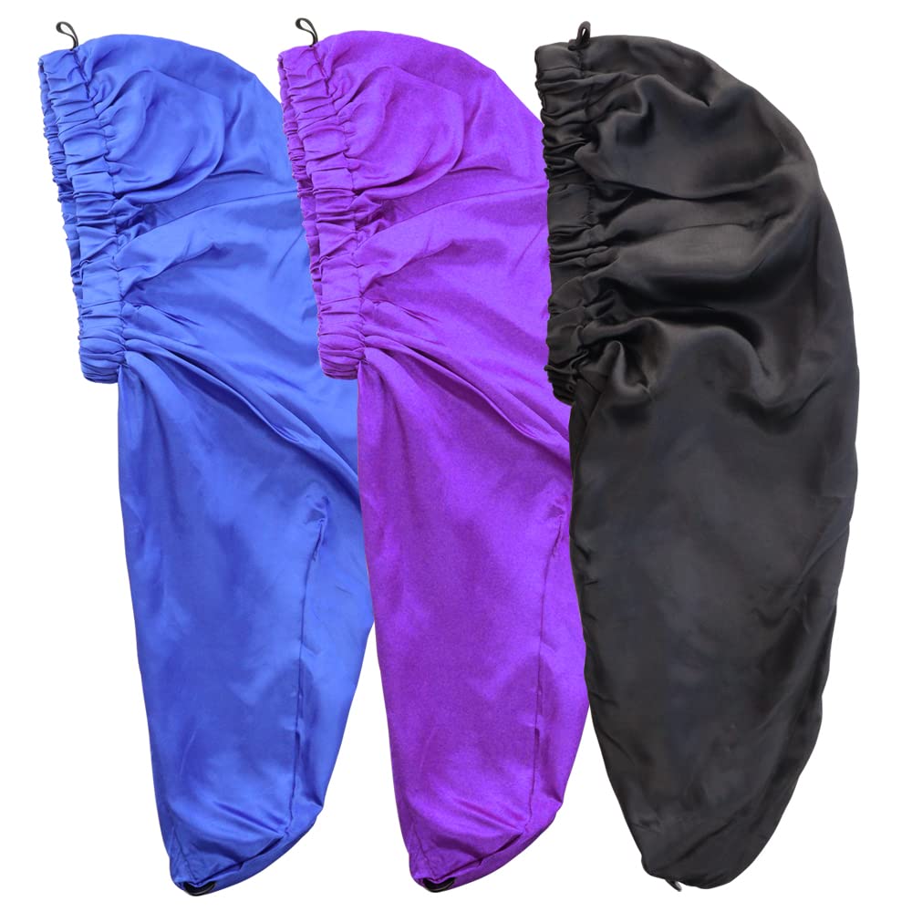 TCOTBE 3 Pcs Foldable Extra Long Sleeping Caps Soft Stain Satin Hair Braid Bonnet with Button Comfortable Single Lay Hair Covers Long Braids Bonnet for Women with Long Hair Deadlocks Curly Hair Blue