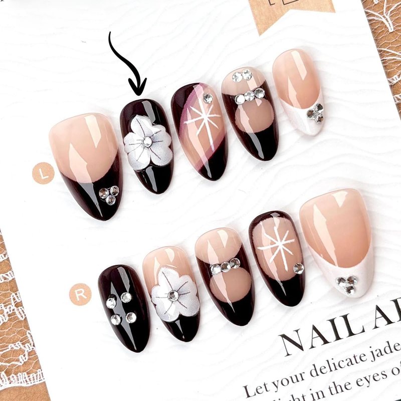 30Pcs Flower Press on Nails Medium Almond Shape Black White French Tip Fake Nails with Rhinestones Designs Glossy Reusable False Nails Acrylic Full Cover Stick on Nails for Women Manicure Tips Set