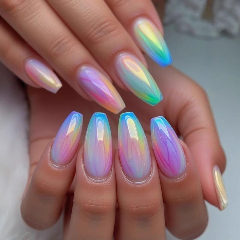 Laser Press on Nails Medium Coffin Fake Nails Rainbow Aurora Acrylic False Nails with Glossy Designs Colorful Gradient Full Cover Stick on Nail Reusable Glue on Nail for Women Girls 24Pcs