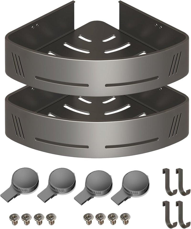 PHX Grove Corner Shower Caddy 2-Pack, Suction Cup Shower Organizer with Hooks, No Drilling Rustproof Aluminum Floating Wall Shelf, Gun Grey, Triangular (Triangular)