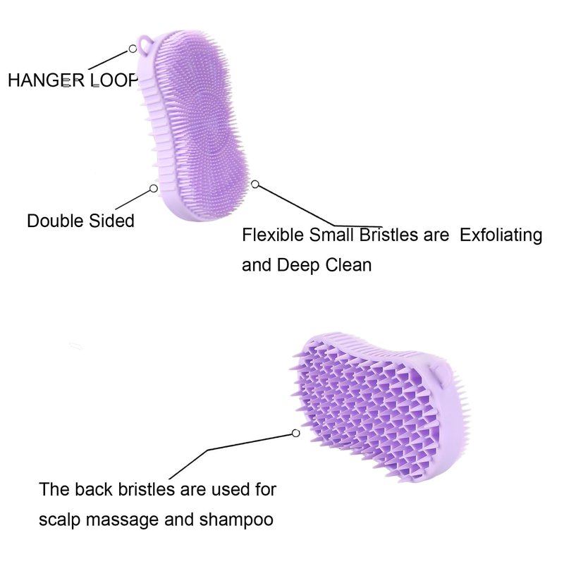 Silicone Body Scrubber, Double Sided Exfoliating Brush with Soft Flexible Bristles, Scalp Massage and Shampoo Tool with Hanger Loop (Lavender)