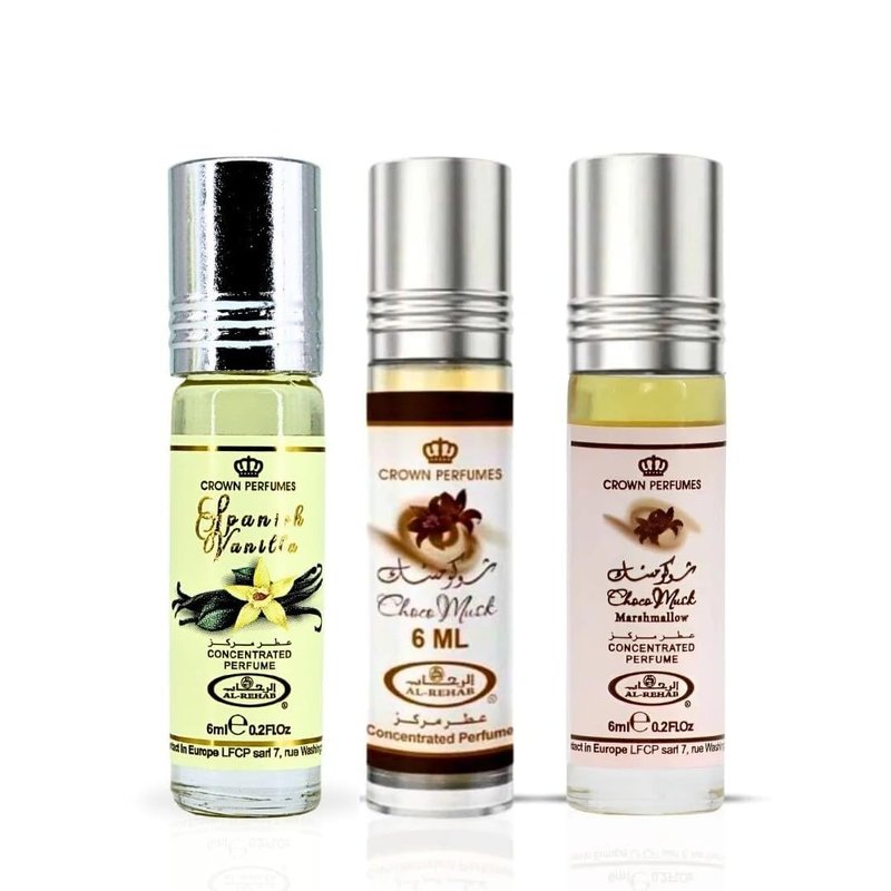 3-Pack 6ml Perfume Oils – Choco Musk, Choco Musk Marshmallow & Spanish Vanilla – Alcohol-Free Roll-On Attar – Long-Lasting Unisex Fragrance Set