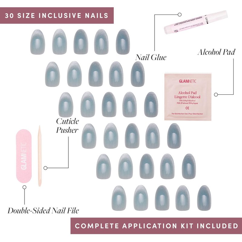 Glamnetic Press On Nails - Unicorn Tears | Short Oval Misty-Grey Nails with Metallic Finish | 30 Nail Kit with Glue