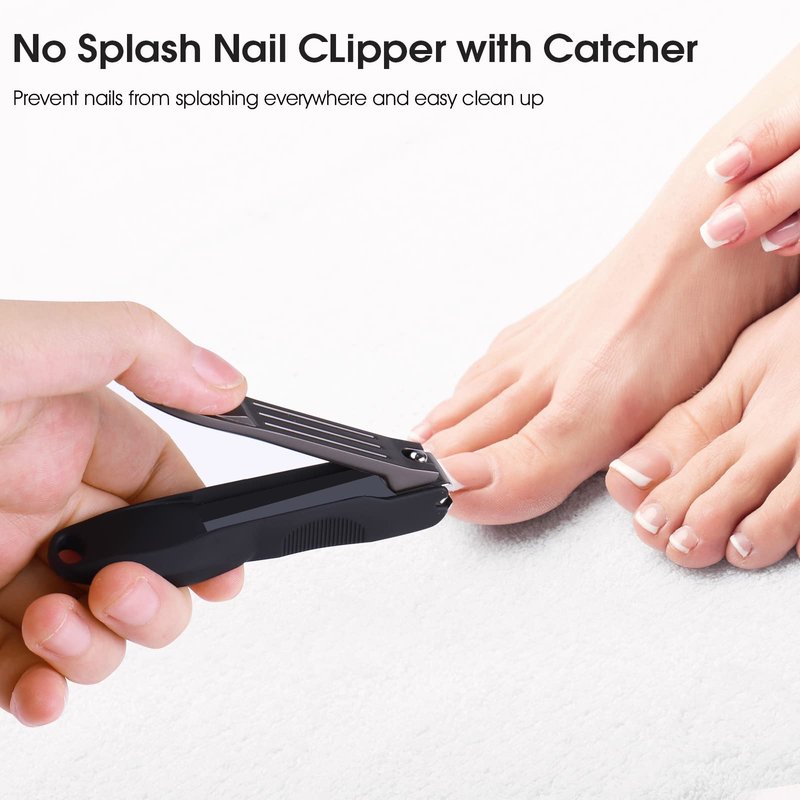 GLAMFIELDS Nail Clippers with No Splash Storage Box, Large Fingernail Toenail Clipper Detachable Easy Clean Nail Cutter Trimmer with Nail Files for Men & Women, Leather Case Packed Black (1 Pack)