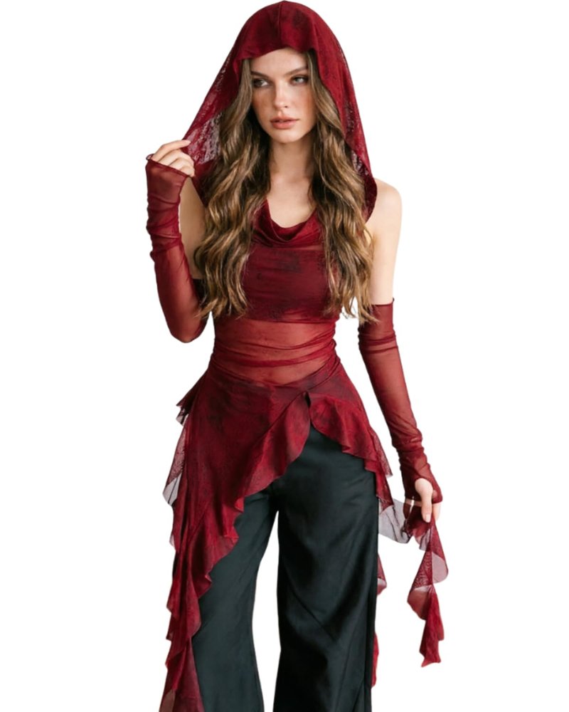 Women Gothic Mesh See Through Hooded Tops Y2K Irregular Hem Ruffles Hoodie Blouse with Cuffs Red