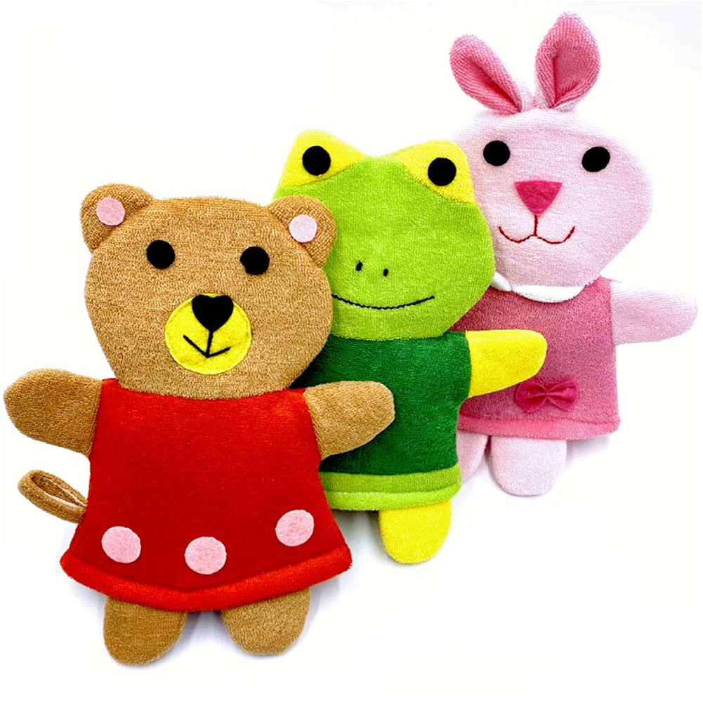 HSENCHO Bath Sponge Cute Animal Shower Bathing Mitt Loofah Soft Wash Sponge Body Scrub (3PCS)